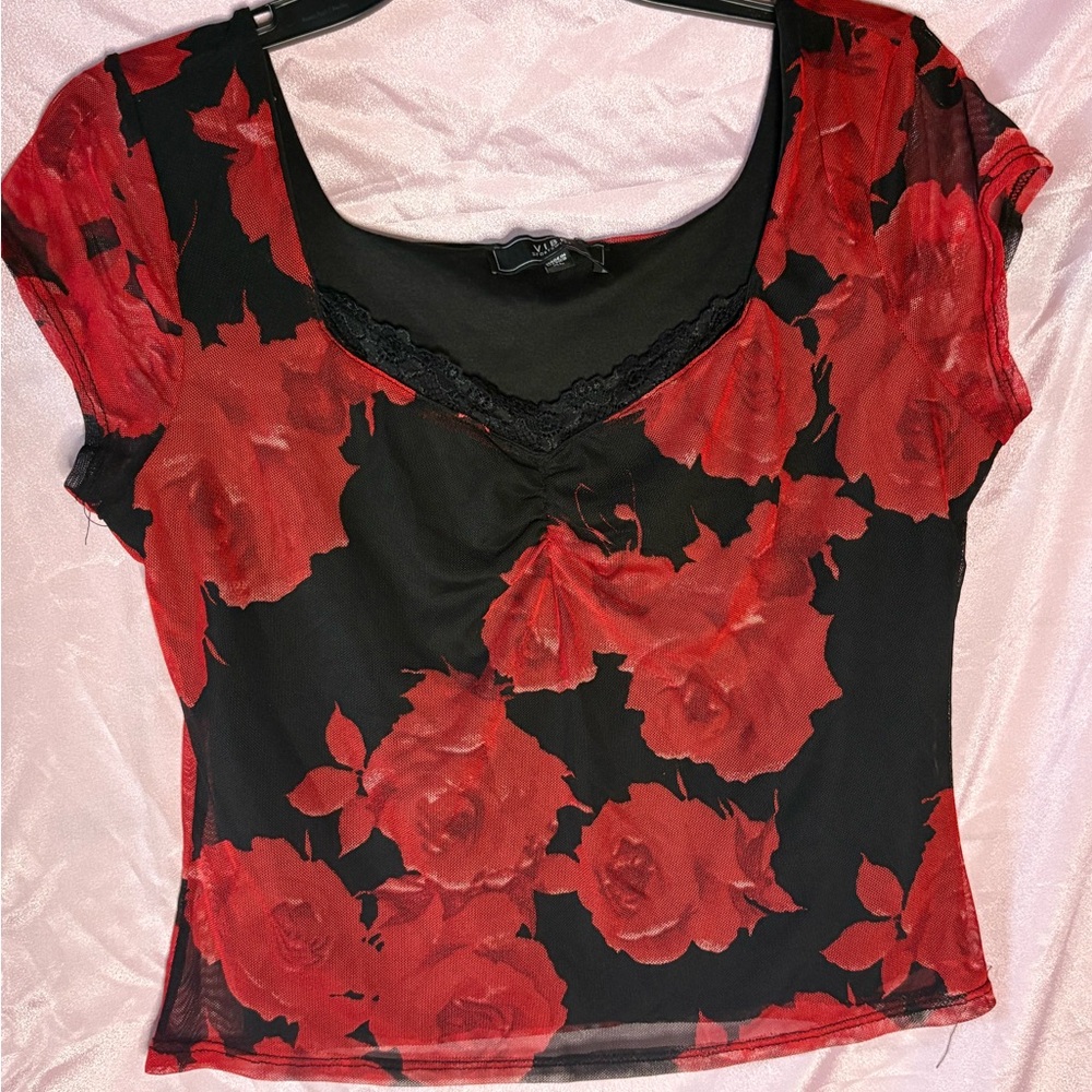 Vibe Black and Red Rose Print Blouse